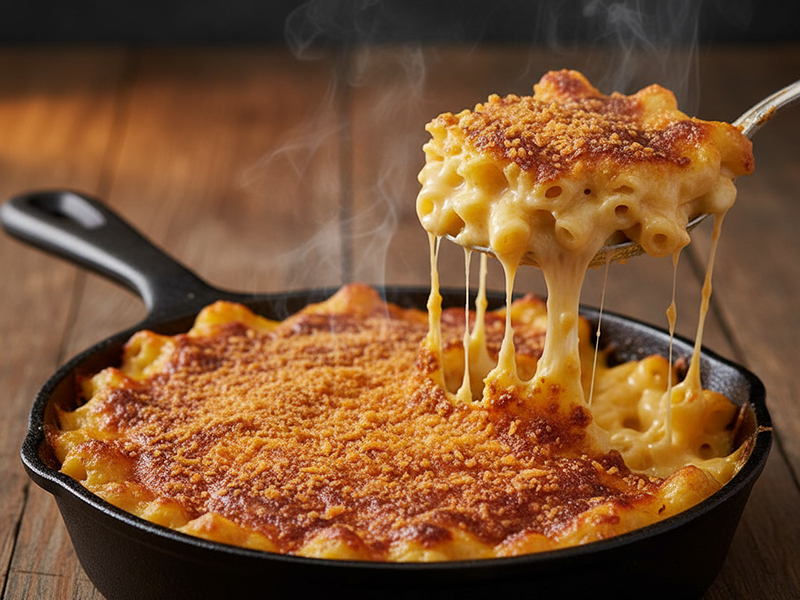 Skillet macaroni and cheese with browned crust and steam